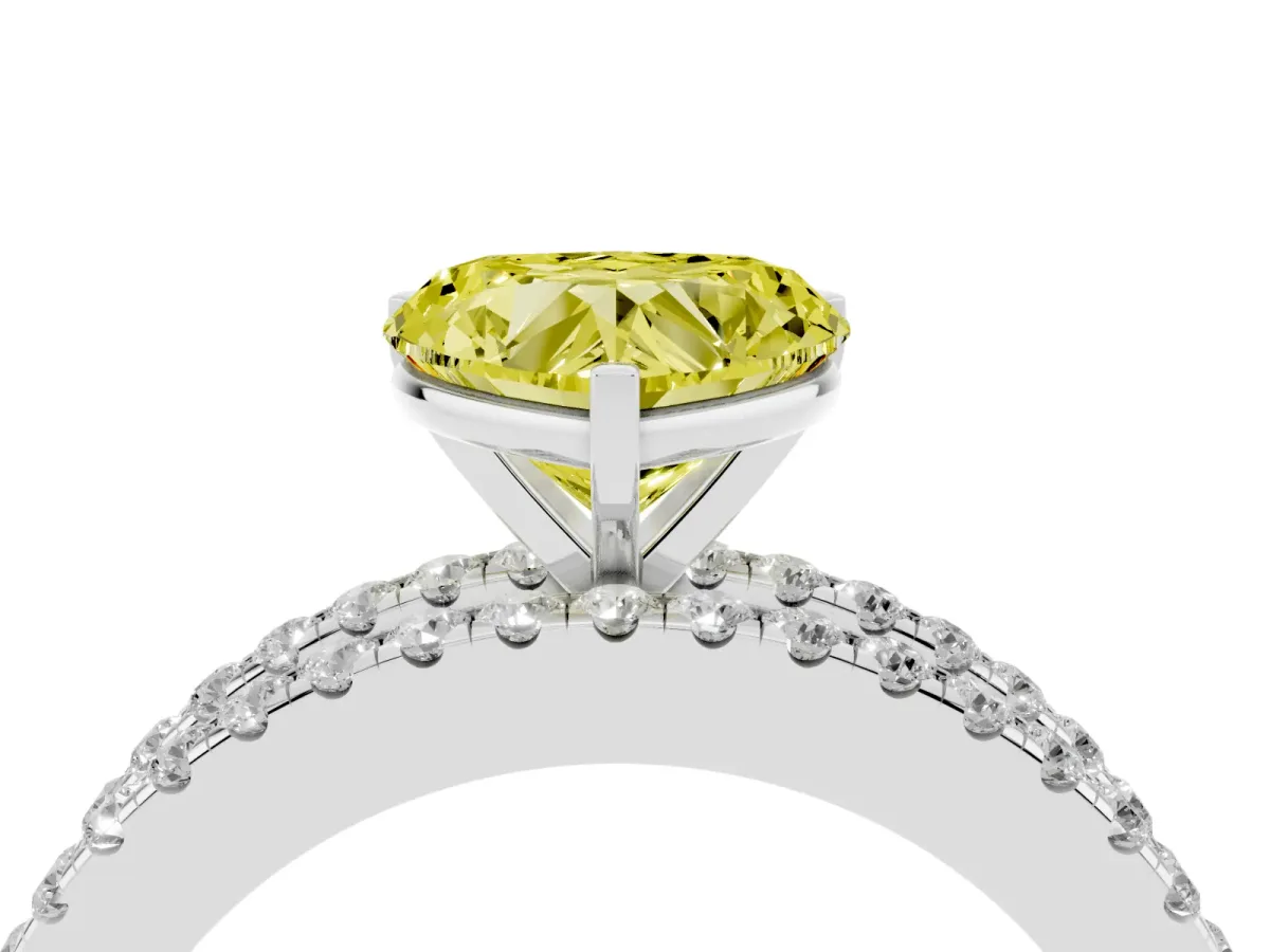 Fancy Yellow Heart Cut Diamond Solitaire Ring with Pavé and Channel Set Band Platinum