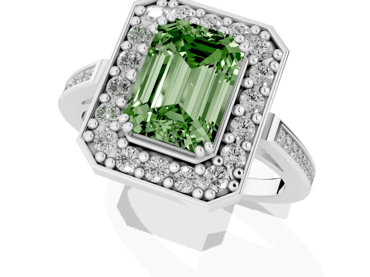 Fancy Green Emerald Cut Diamond Halo Ring with Split Shank and Four-Prong Setting Silver