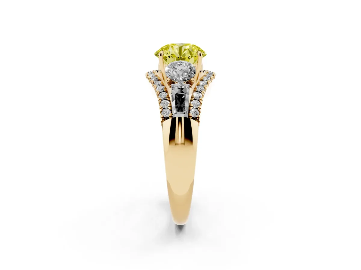 Fancy Yellow Three-Stone Round Cut Diamond Engagement Ring with Pave Band and Prong Setting Yellow gold
