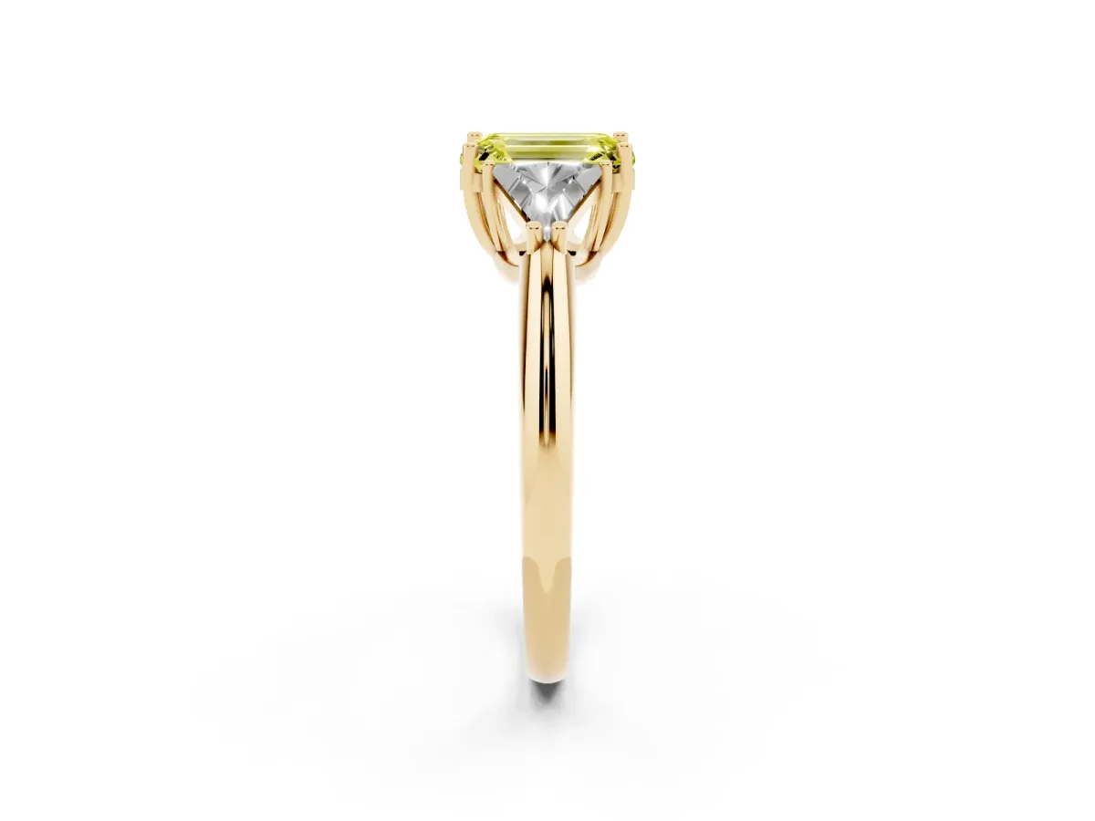 Fancy Yellow Three-Stone Emerald Cut Diamond Engagement Ring with Trillion Side Stones and Prong Setting Yellow gold