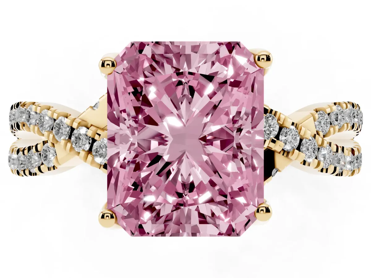 Fancy Pink Radiant Cut Solitaire Twist Pave Diamond Engagement Ring with Prong Setting Yellow gold