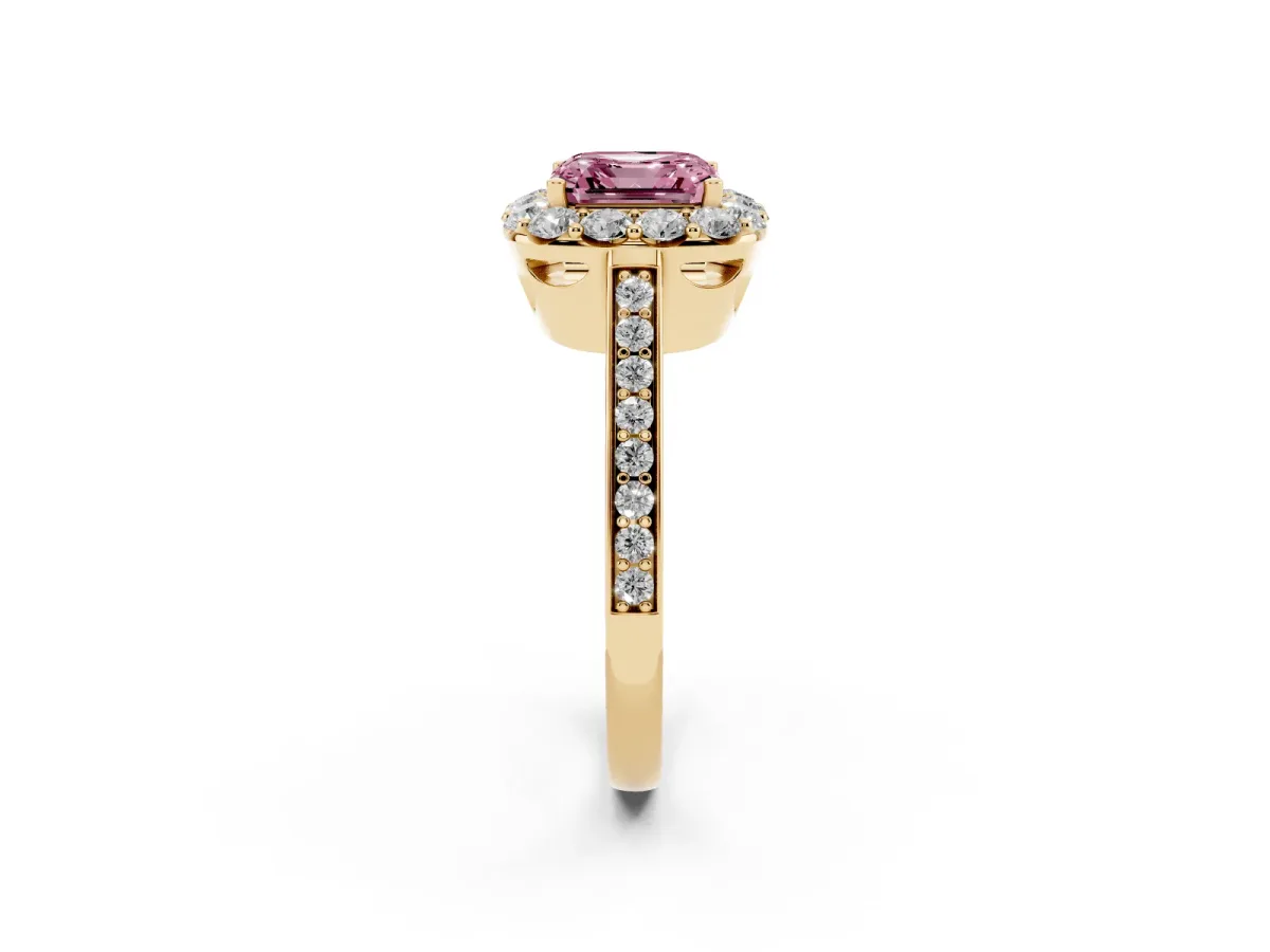 Fancy Pink Asscher Cut Diamond Floral Halo Ring with Pavé Band and Prong Setting Yellow gold