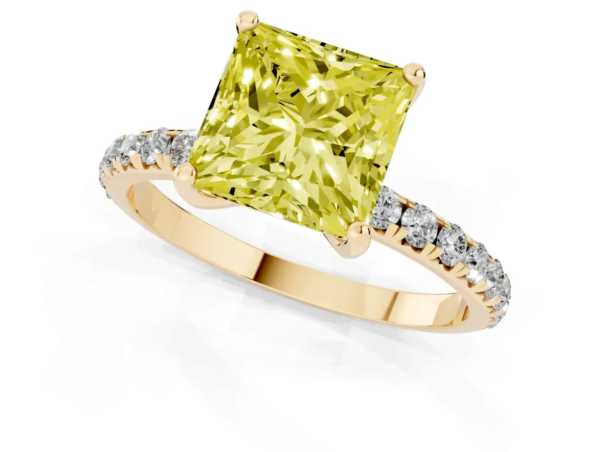 Fancy Yellow Princess Cut Cut Diamond Solitaire Ring with Micro Pave Band and Four Prong Setting Yellow gold
