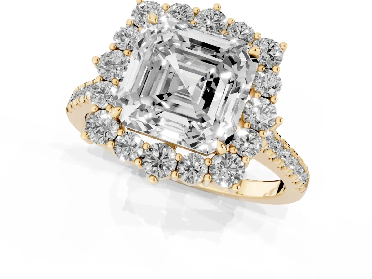 Asscher Cut Halo Diamond Ring with Pavé Band and Prong Setting Yellow gold