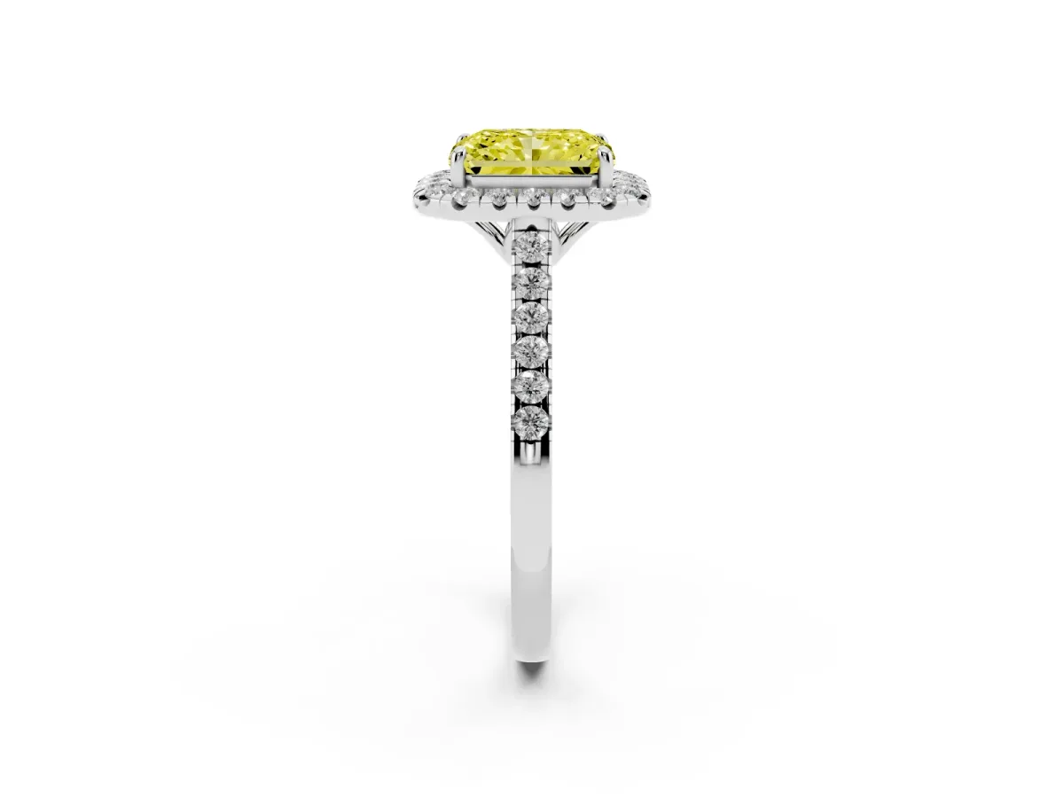 Fancy Yellow Radiant Cut Halo Pavé Diamond Engagement Ring with Four-Prong Setting Silver