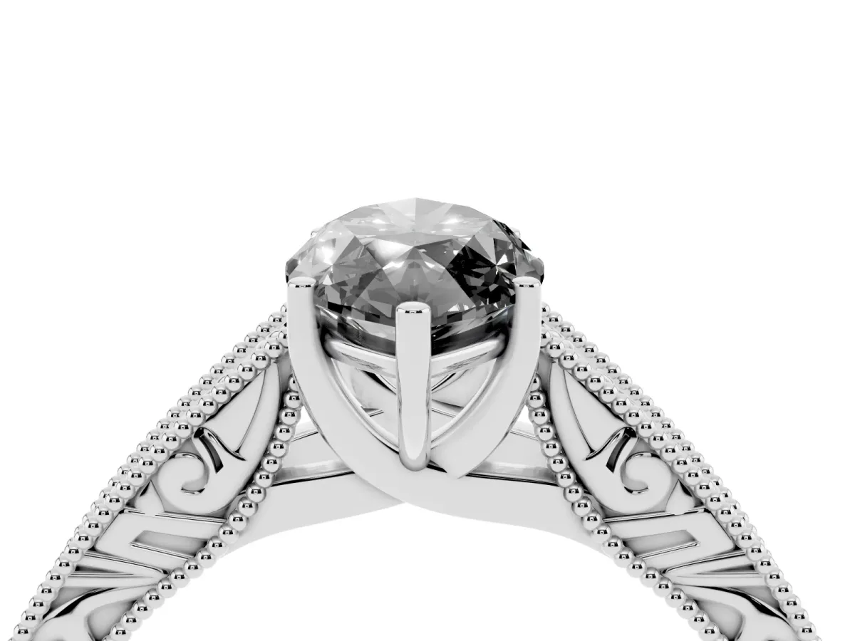 Fancy Black Marquise Cut Diamond Solitaire Ring with Engraved Band and Four-Prong Setting Silver