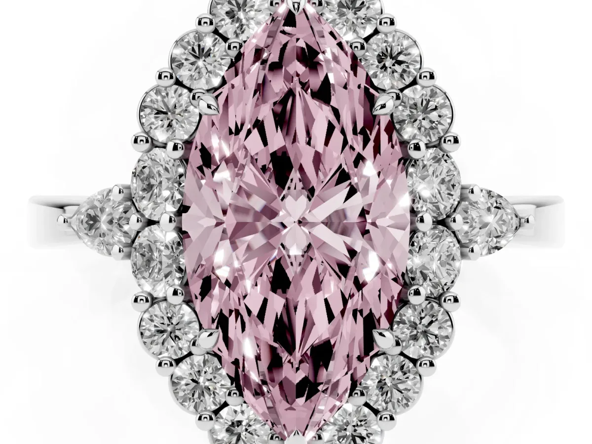 Fancy Pink Marquise Cut Diamond Halo Ring with Pear Side Stones and Prong Setting Silver