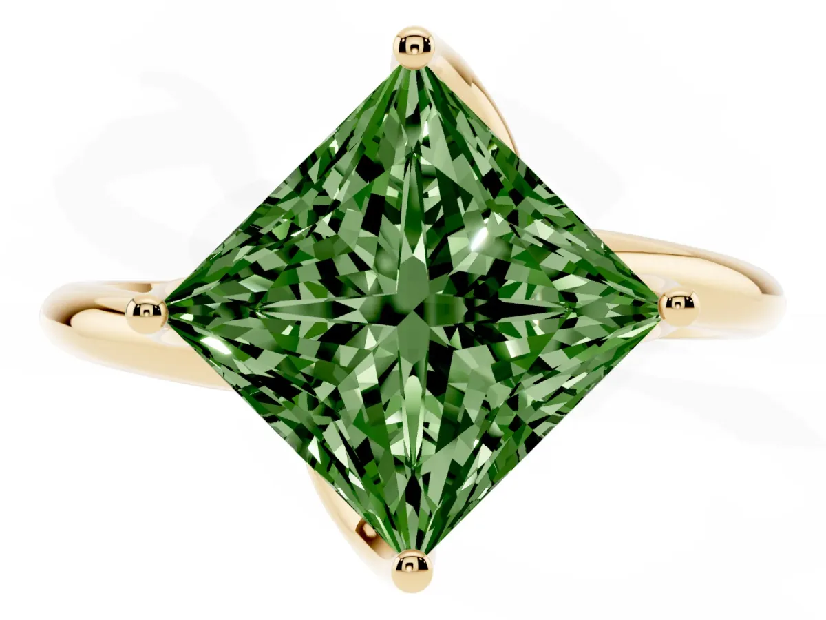 Fancy Green Princess Cut Diamond Solitaire Engagement Ring with Four-Prong Setting and Classic Band Yellow gold