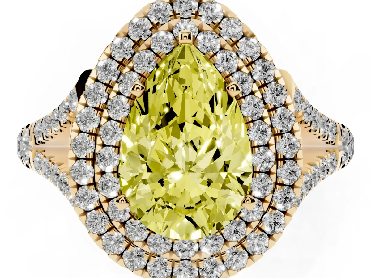 Fancy Yellow Pear Cut Diamond Double Halo Ring with Split Shank and Prong Setting Yellow gold