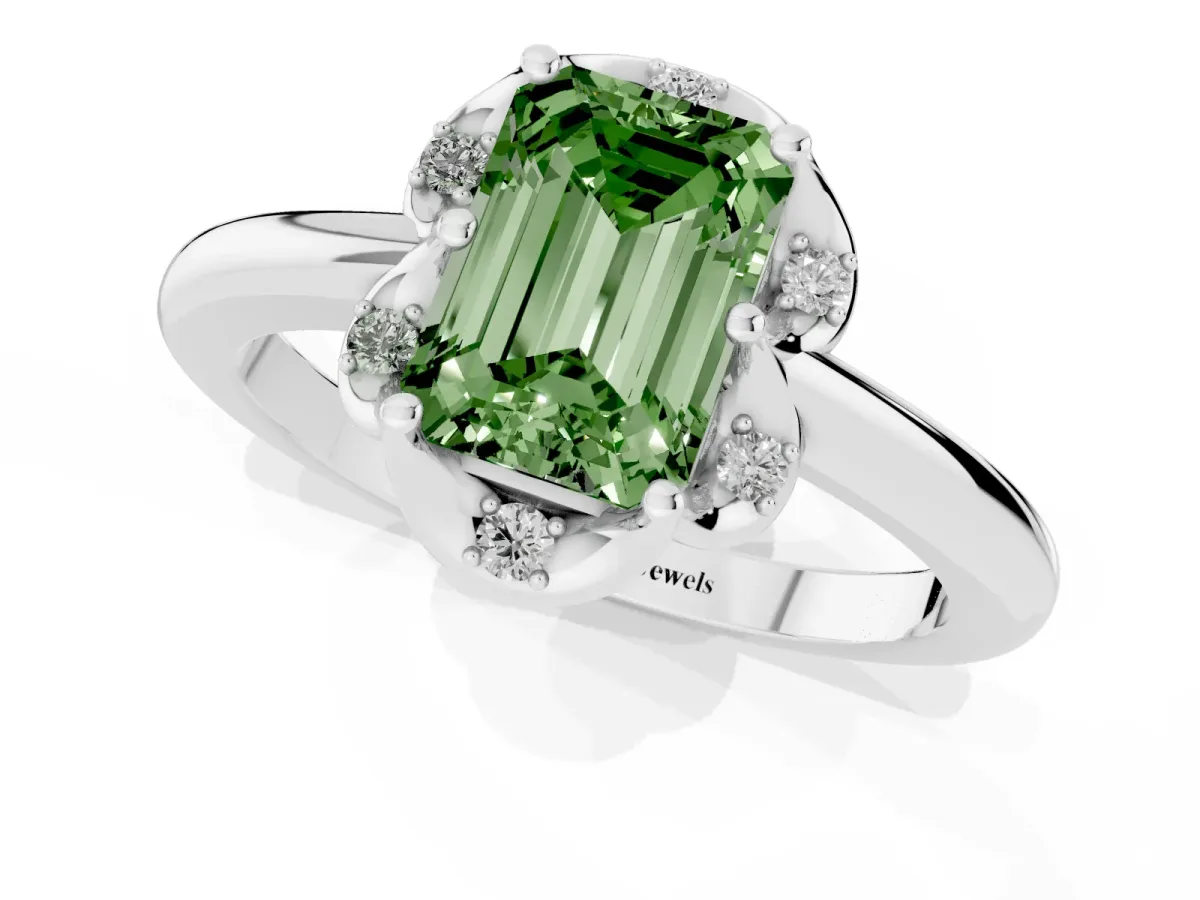 Fancy Green Emerald Cut Halo Diamond Ring with Round Cluster Setting, Solitaire Band, and Four-Prong Setting Silver