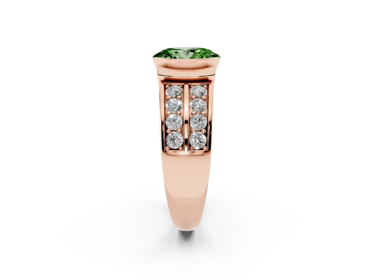 Fancy Green Oval Cut Brilliant Diamond Channel Set Wide Band Ring with Bezel Setting Rose gold