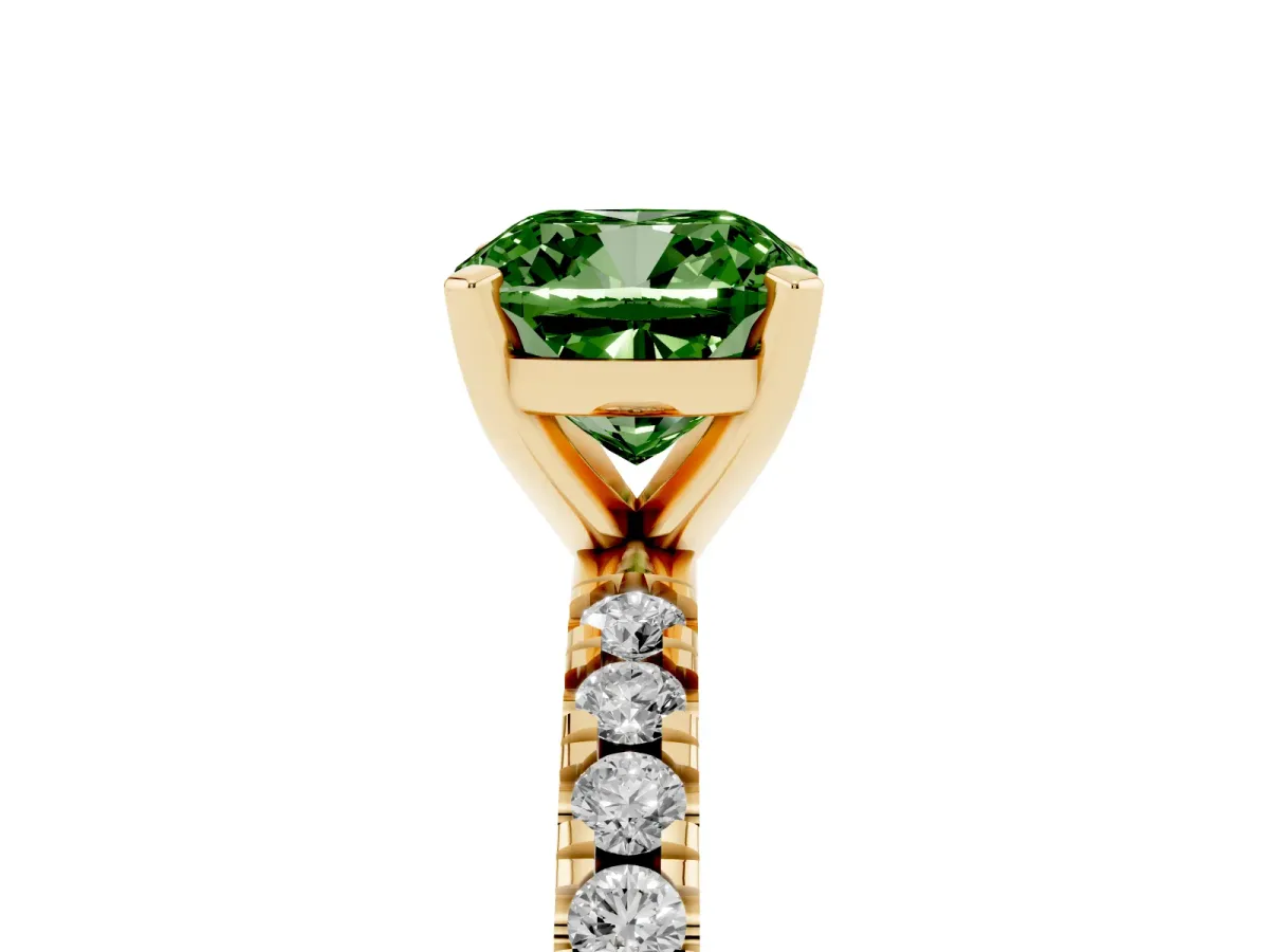 Fancy Green Cushion Cut Diamond Pavé Band Solitaire with Four-Prong Setting Yellow gold