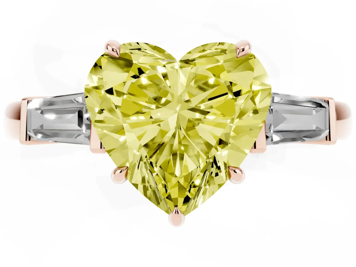 Fancy Yellow Heart Cut Diamond Three-Stone Ring with Tapered Baguette Side Stones and Prong Setting Rose gold