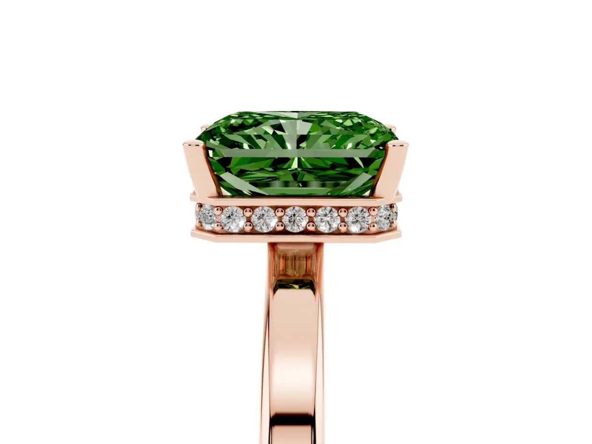 Fancy Green Radiant Cut Cut Solitaire Engagement Ring with Four-Prong Setting on a Classic Band Rose gold