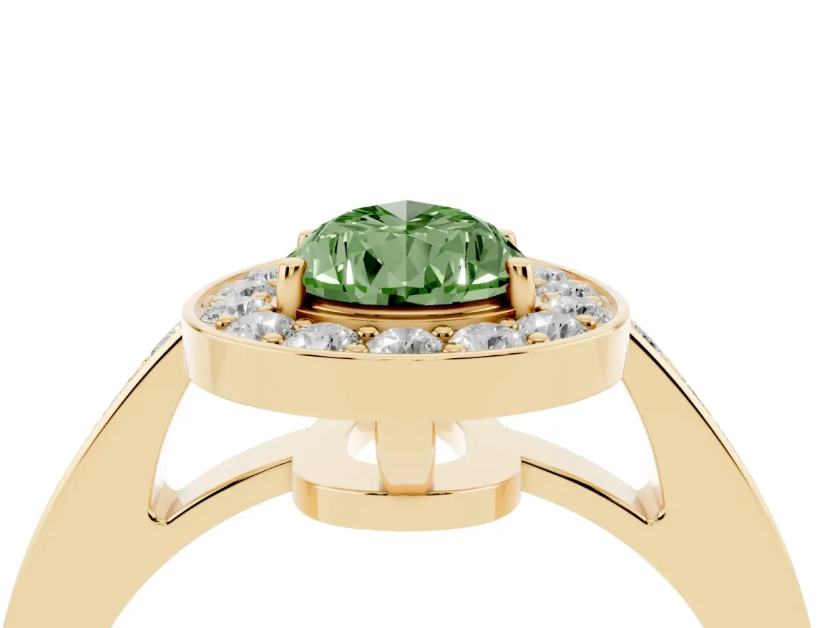 Fancy Green Pear Cut Halo Pavé Diamond Engagement Ring with Bezel Setting Yellow gold