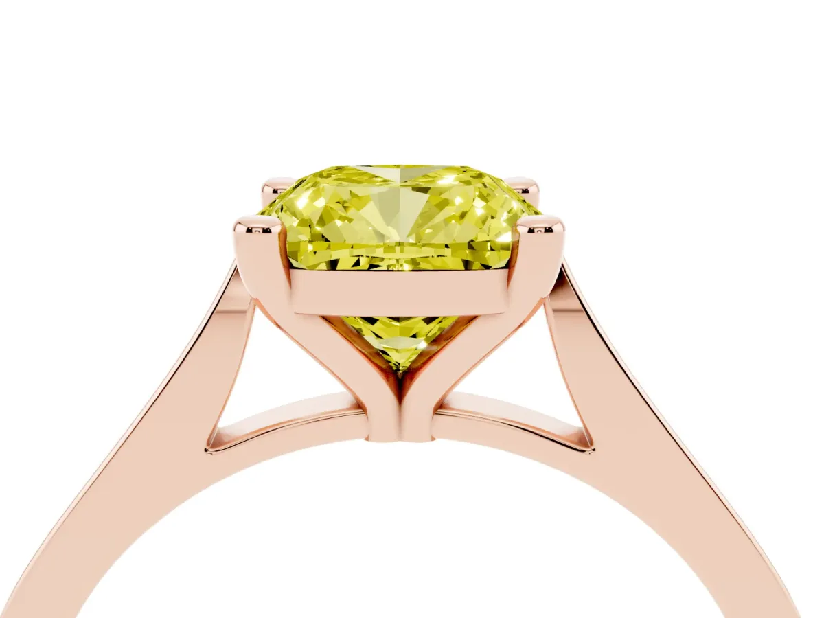 Fancy Yellow Cushion Cut Solitaire Diamond Ring with Four-Prong Setting and Tapered Band Rose gold