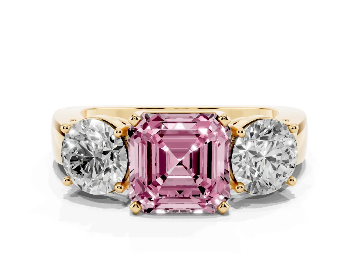 Fancy Pink Three-Stone Asscher Cut Diamond Ring with Round Side Stones, Classic Band, and Four-Prong Setting Yellow gold