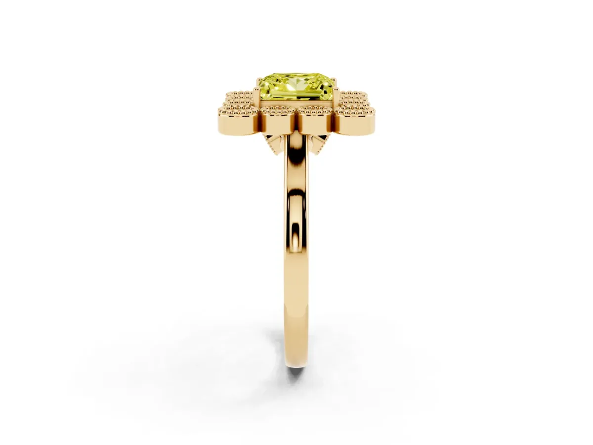 Fancy Yellow Princess Cut Halo Diamond Cluster Engagement Ring with Milgrain Bezel Setting and Solitaire Band Yellow gold