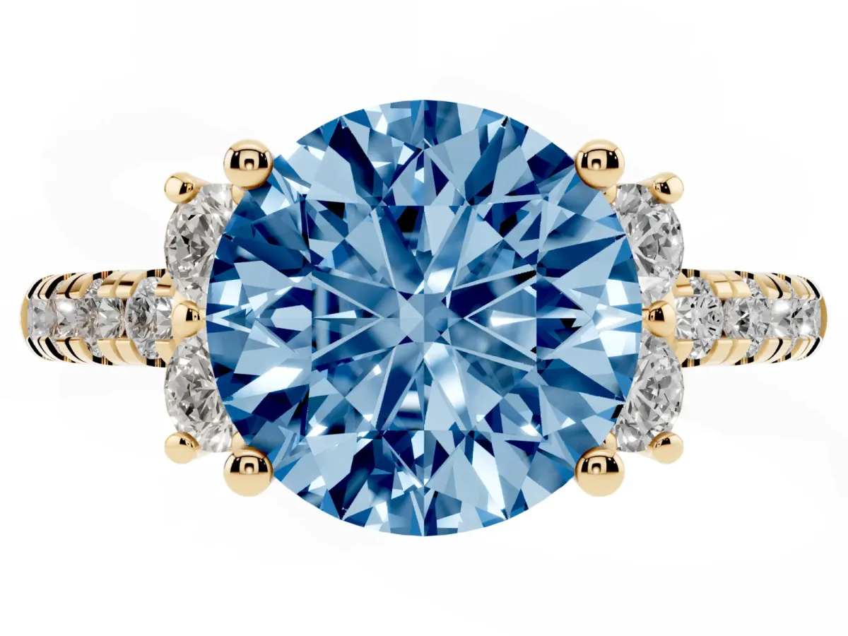 Fancy Blue Round Cut Diamond Three-Stone Pave Band with Four-Prong Setting Yellow gold