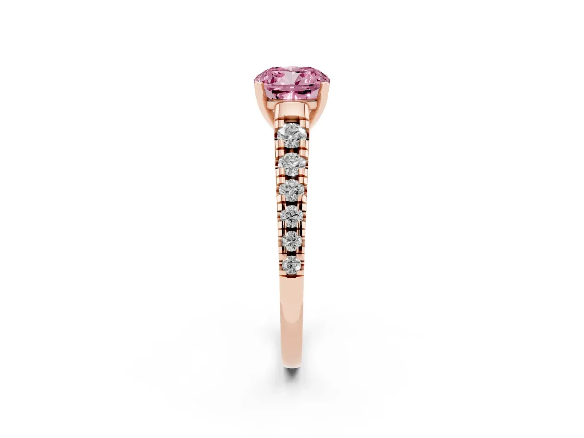 Fancy Pink Cushion Cut Diamond Cathedral Solitaire Ring with Round Pavé Band Rose gold