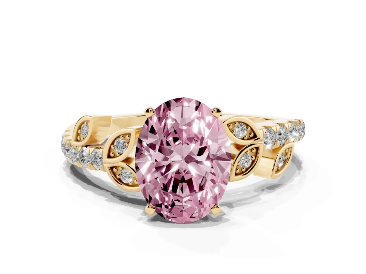 Fancy Pink Oval Cut Solitaire Leaf-Inspired Diamond Ring with Pavé Band and Four-Prong Setting Yellow gold