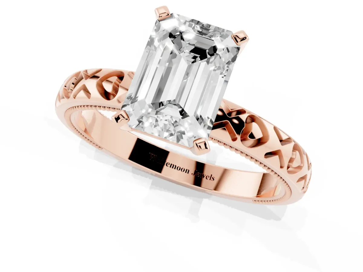 Emerald Cut Solitaire Diamond Engagement Ring with XO Engraved Band and Four-Prong Setting Rose gold