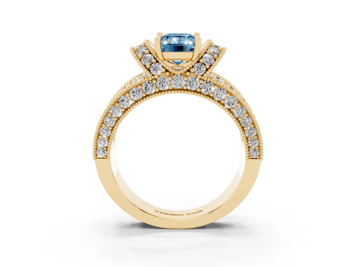 Fancy Blue Emerald Cut Halo Pave Diamond Engagement Ring with Milgrain Detailing Yellow gold