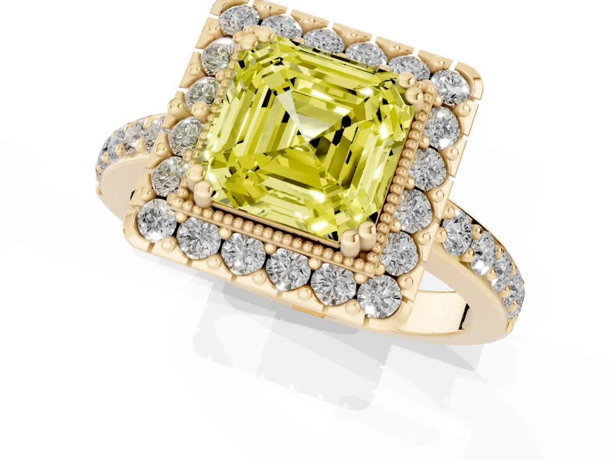 Fancy Yellow Asscher Cut Diamond Halo Ring with Pavé Band and Prong Setting Yellow gold