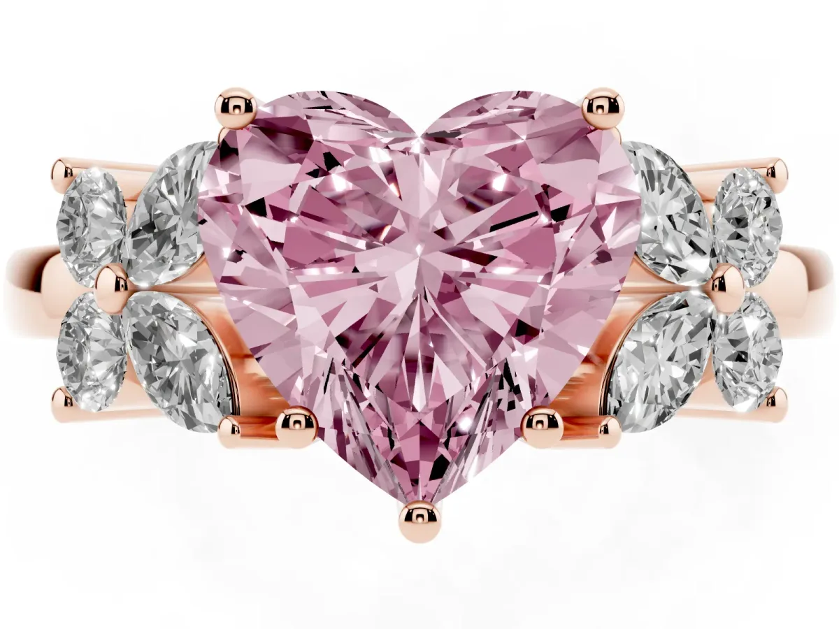 Fancy Pink Heart Cut Diamond Floral Cluster Ring with Solitaire Band and Prong Setting Rose gold
