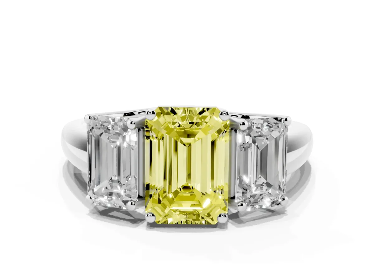 Fancy Yellow Three-Stone Emerald Cut Diamond Engagement Ring with Prong Setting White gold