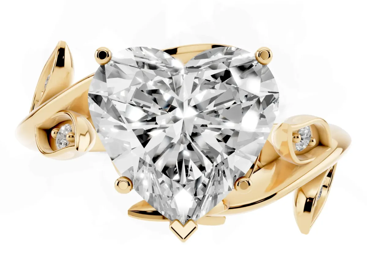 Heart Cut Solitaire Twist Engagement Ring with Leaf Accents and Prong Setting Yellow gold