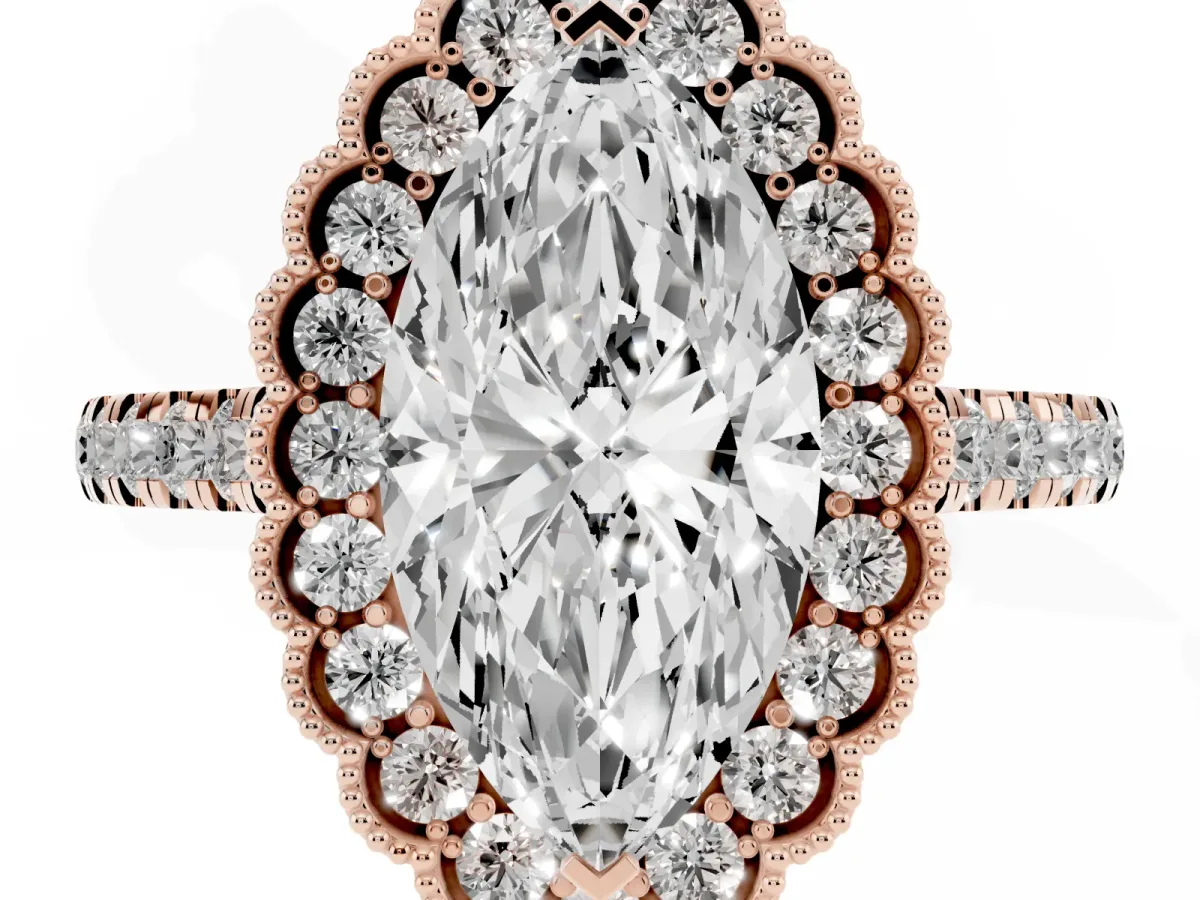 Marquise Cut Cut Diamond Milgrain Floral Halo Engagement Ring with Pavé Band Rose gold