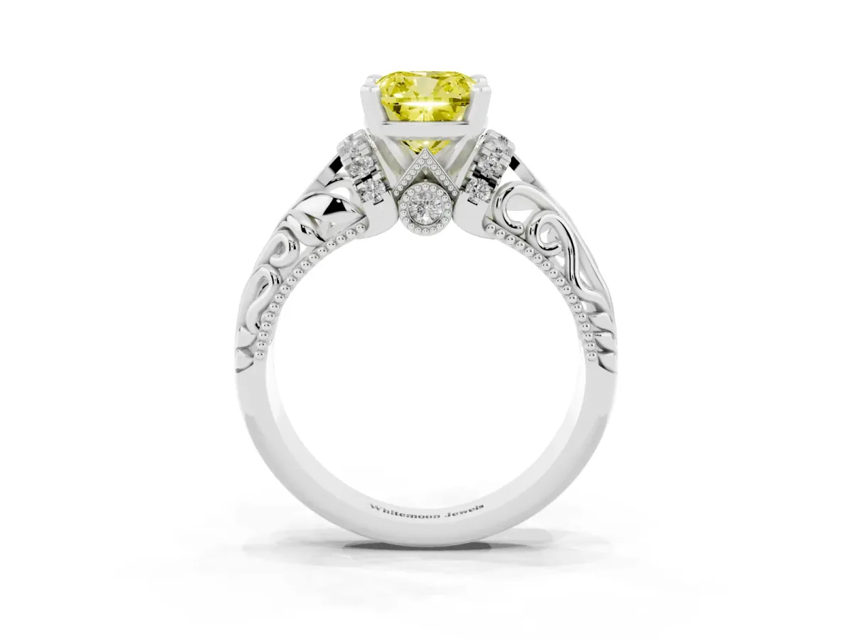Fancy Yellow Cushion Cut Solitaire Filigree Engagement Ring with Halo and Prong Setting Silver