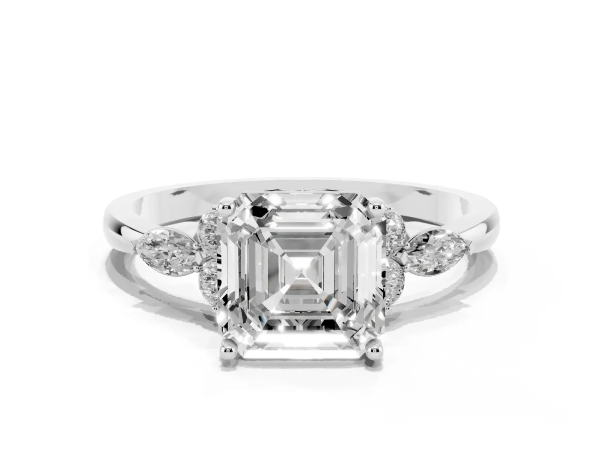 Asscher Cut Brilliant Diamond Solitaire Ring with Pear Side Stones and Four-Prong Setting Silver