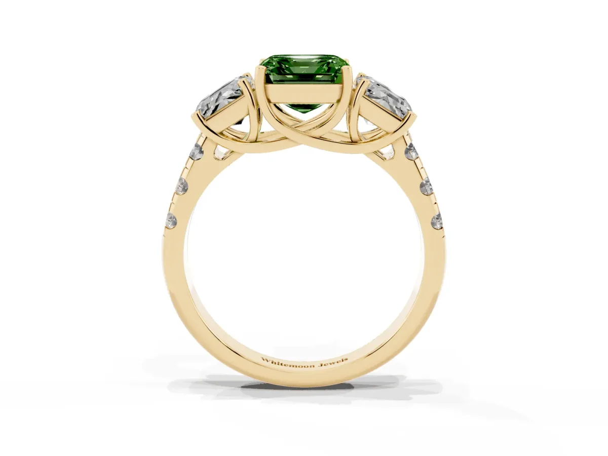 Fancy Green Three-Stone Asscher Cut Diamond Pavé Band with Prong Setting Yellow gold