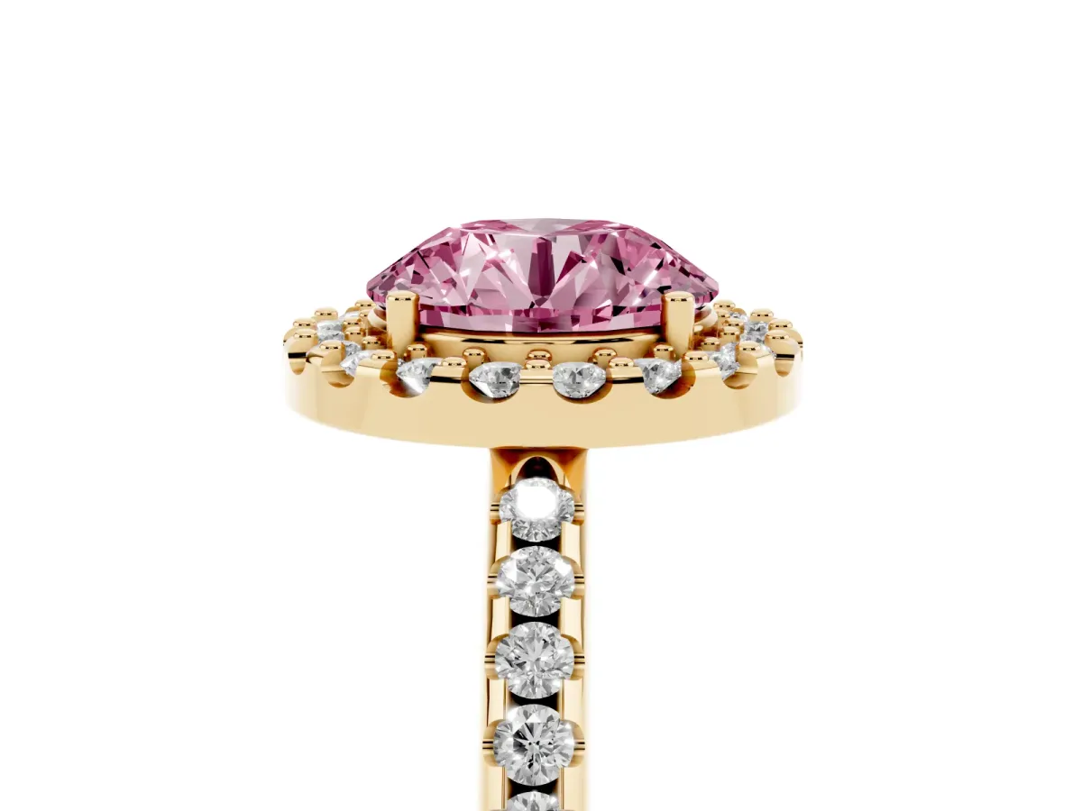 Fancy Pink Round Cut Diamond Pavé Halo Ring with Four-Prong Setting Yellow gold