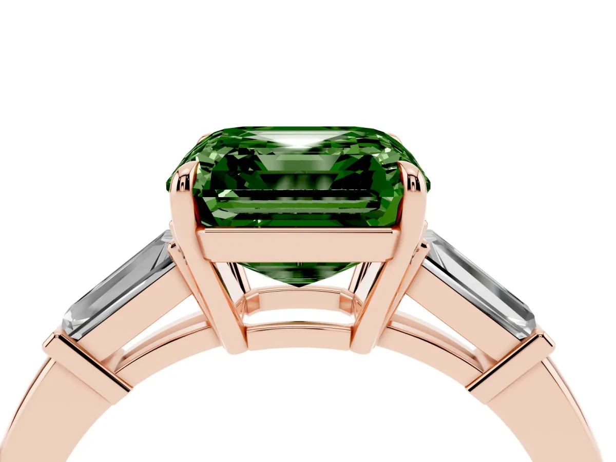 Fancy Green Asscher Cut Diamond Three-Stone Ring with Tapered Baguette Side Stones and Prong Setting Rose gold