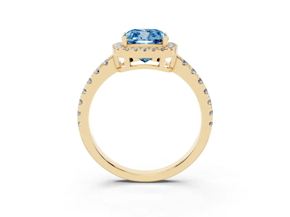 Fancy Blue Cushion Cut Diamond Halo Ring with Pavé Band and Four-Prong Setting Yellow gold