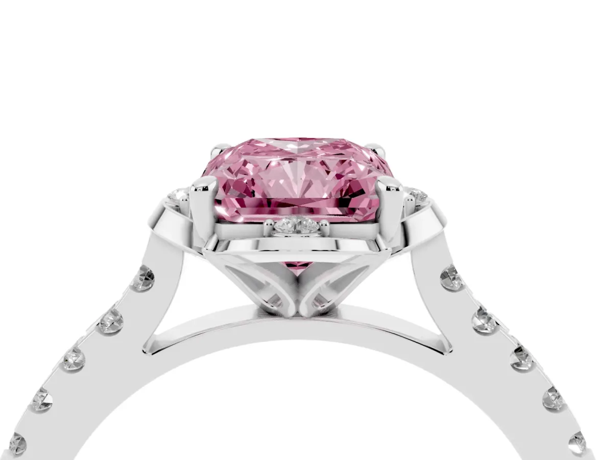 Fancy Pink Radiant Cut Diamond Ring with Pavé Band and Floral Prong Setting Platinum