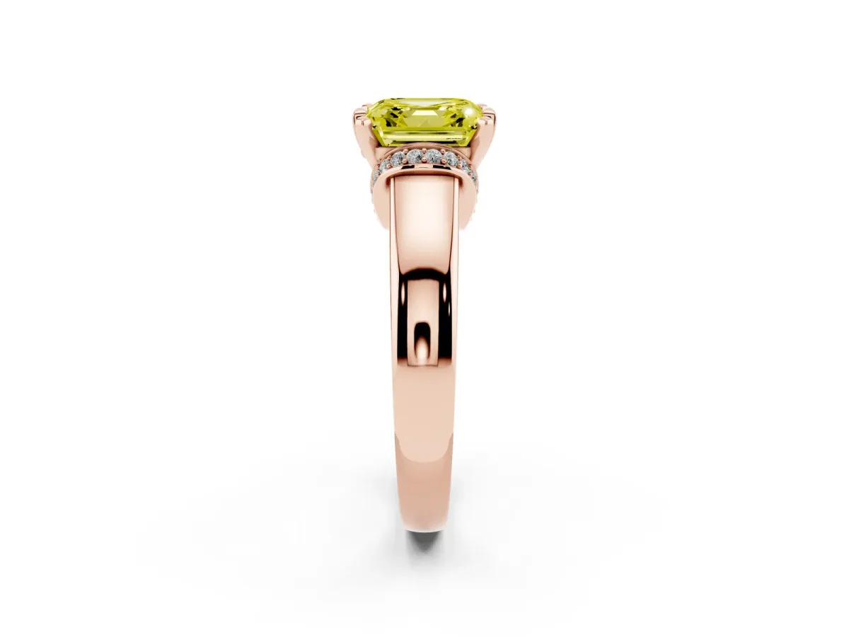 Fancy Yellow Asscher Cut Solitaire Diamond Ring with Pave Band and Six-Prong Setting Rose gold