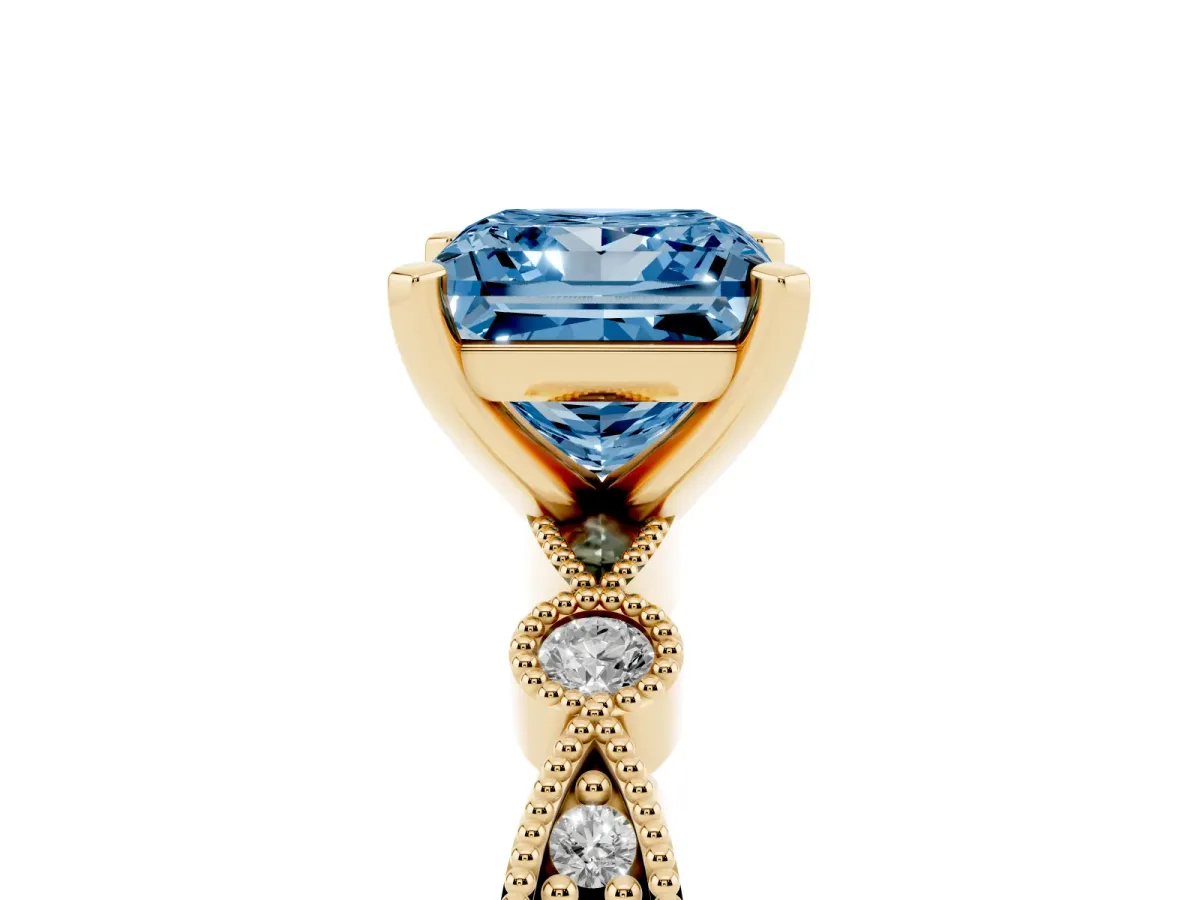 Fancy Blue Princess Cut Milgrain Bezel Diamond Engagement Ring with Solitaire Prong Setting Yellow gold