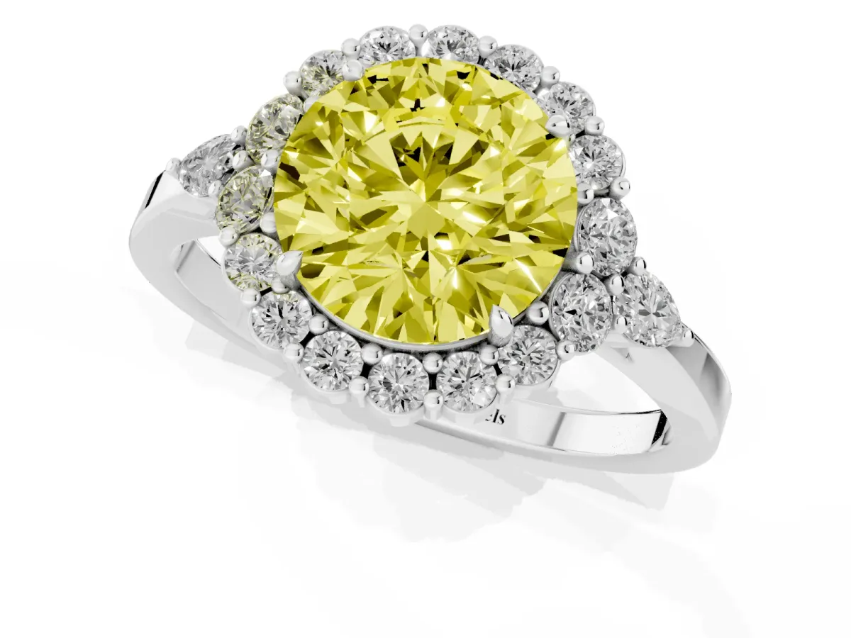 Fancy Yellow Round Cut Diamond Halo Ring with Pear Side Stones and Prong Setting Silver