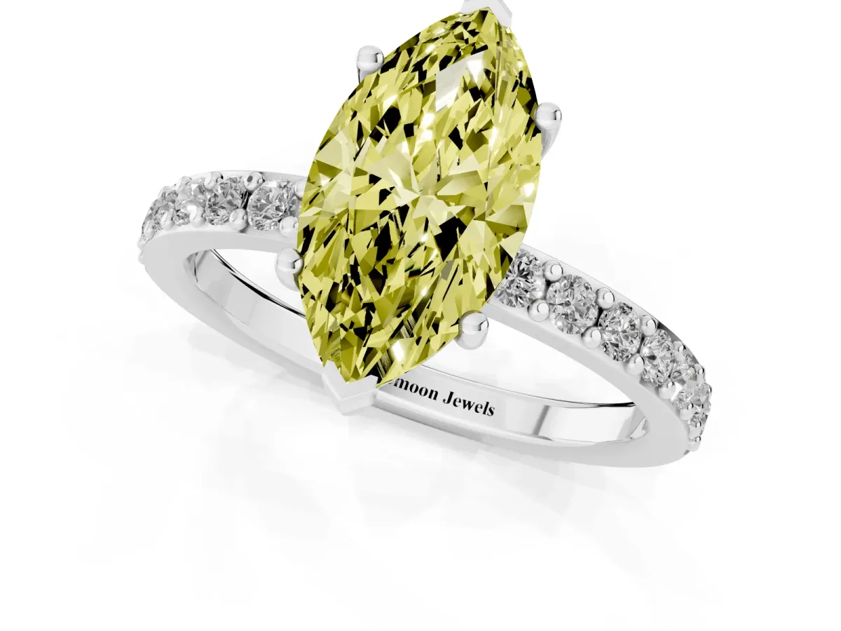 Fancy Yellow Marquise Cut Cut Diamond Solitaire with Pave Band and Four-Prong Setting Silver