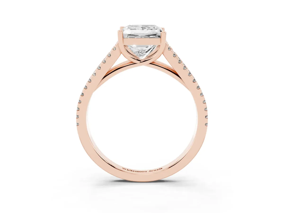 Princess Cut Diamond Solitaire Engagement Ring with Split Shank Pavé Band Rose gold