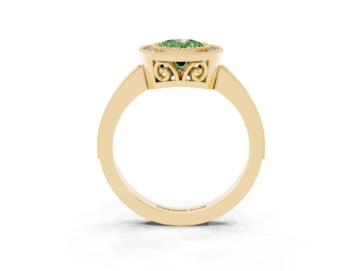 Fancy Green Oval Cut Cut Halo Diamond Ring with Pavé Band and Milgrain Prong Setting Yellow gold