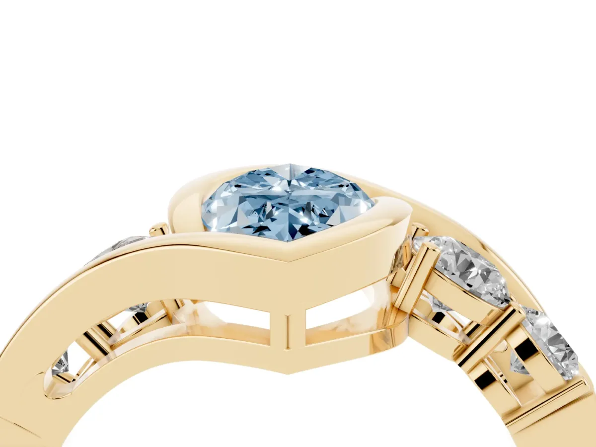 Fancy Blue Bezel Set Marquise Cut Diamond Bypass Ring with Round Accents Yellow gold