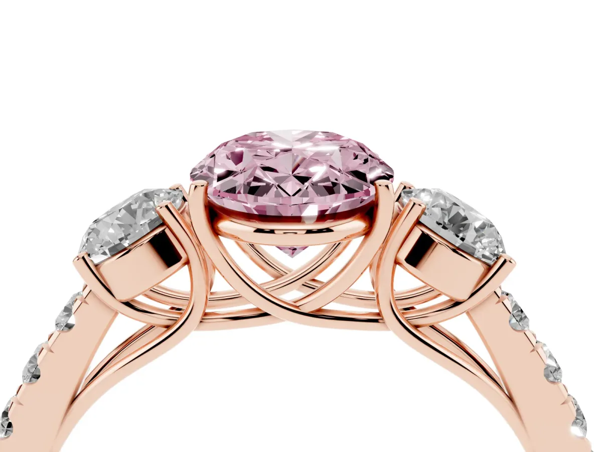 Fancy Pink Oval Cut Cut Diamond Three-Stone Ring with Round Side Stones and Pavé Band Rose gold