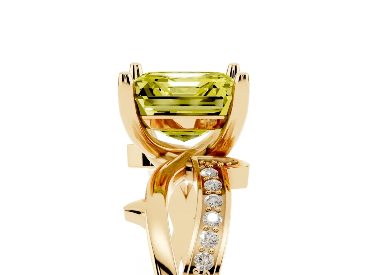 Fancy Yellow Asscher Cut Solitaire Twist Band with Pavé Accents and Four-Prong Setting Yellow gold