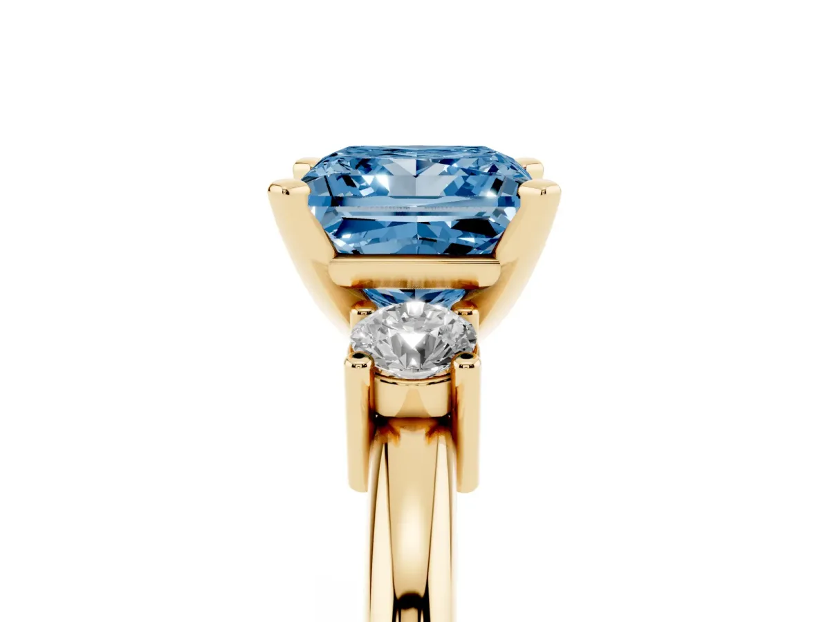 Fancy Blue Three-Stone Princess Cut Cut Diamond Solitaire with Prong Setting and Classic Band Yellow gold
