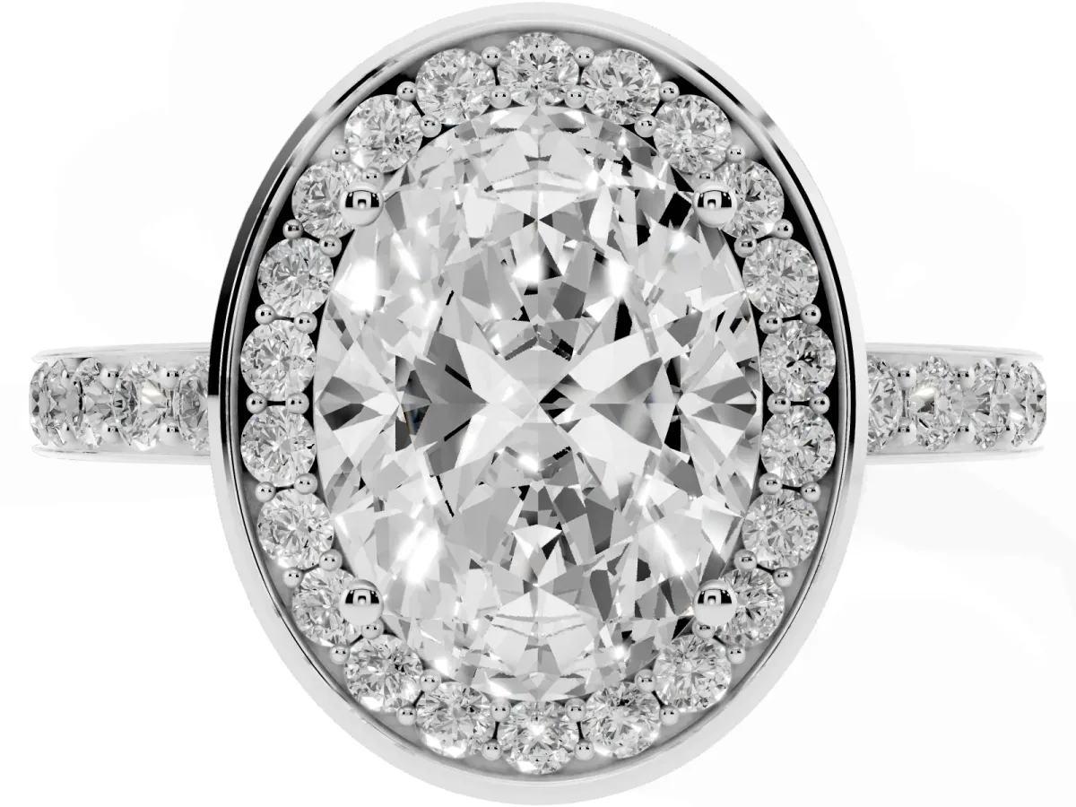 Oval Cut Diamond Halo Ring with Bezel Frame and Pavé Band Silver